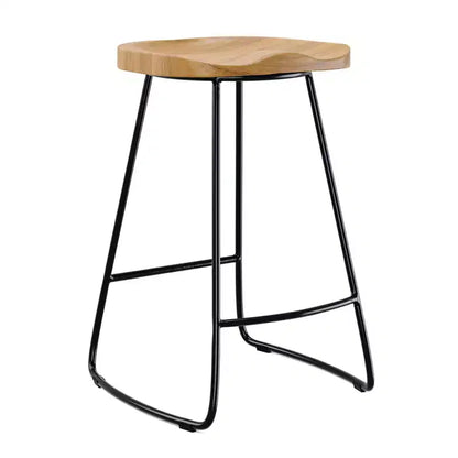 Sgabello da bar altezza bancone – Seduta in legno di quercia naturale, gambe in metallo nero, completamente assemblato