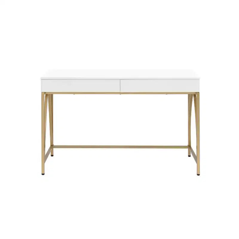 Scrivania con Finitura Lucida Bianca e Dorata – 2 Cassetti, Struttura in Metallo, 119 cm L x 79 cm H