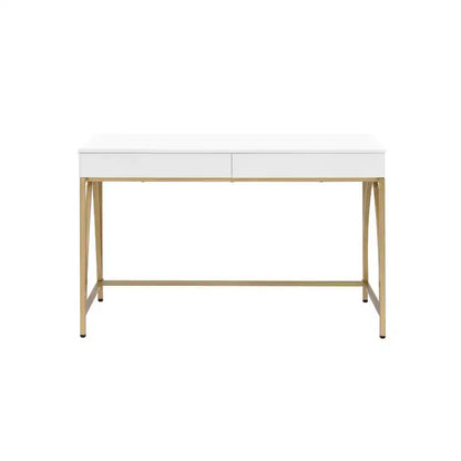 Scrivania con Finitura Lucida Bianca e Dorata – 2 Cassetti, Struttura in Metallo, 119 cm L x 79 cm H