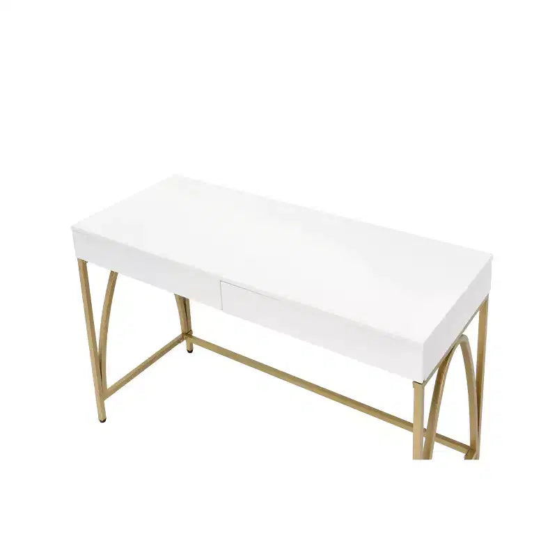 Scrivania con Finitura Lucida Bianca e Dorata – 2 Cassetti, Struttura in Metallo, 119 cm L x 79 cm H
