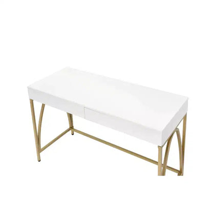 Scrivania con Finitura Lucida Bianca e Dorata – 2 Cassetti, Struttura in Metallo, 119 cm L x 79 cm H