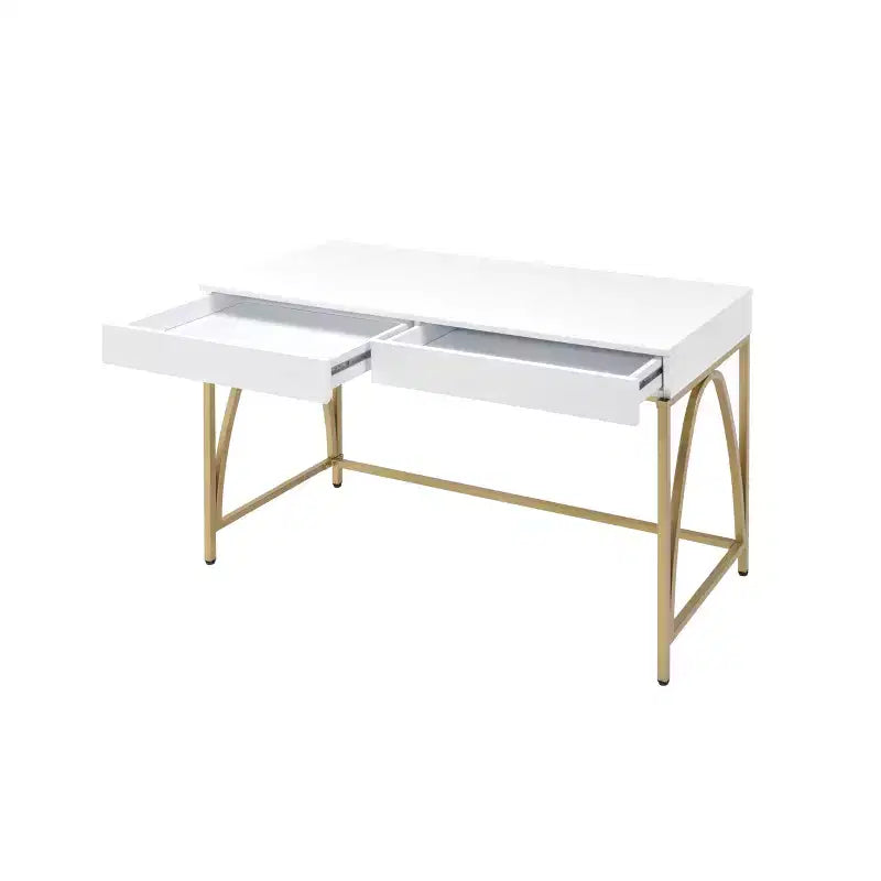 Scrivania con Finitura Lucida Bianca e Dorata – 2 Cassetti, Struttura in Metallo, 119 cm L x 79 cm H
