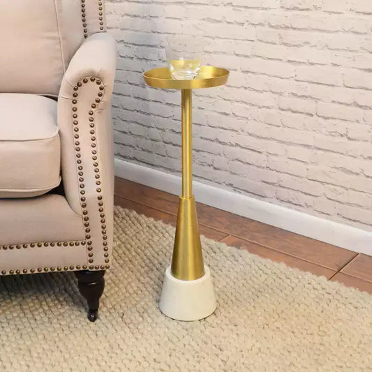 Tavolino d'appoggio rotondo dorato – Base in marmo, ripiano a vassoio, 61 cm di altezza, nessun montaggio richiesto