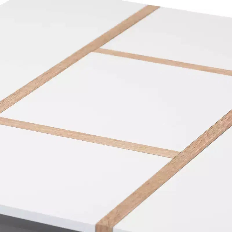 Tavolino da Caffè Geometrico Quadrato – Bianco e Quercia Bicolore, Ripiani a Giorno