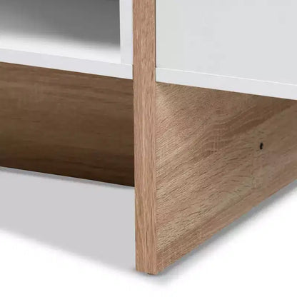 Tavolino da Caffè Geometrico Quadrato – Bianco e Quercia Bicolore, Ripiani a Giorno