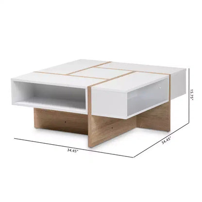 Tavolino da Caffè Geometrico Quadrato – Bianco e Quercia Bicolore, Ripiani a Giorno