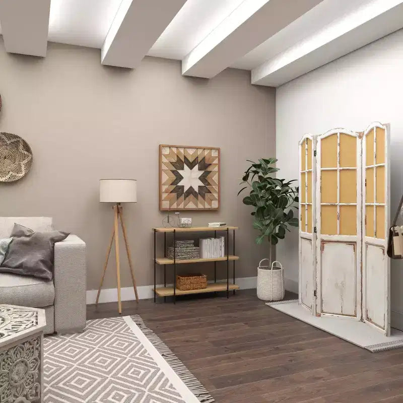 Consolle contemporanea a 3 ripiani – Ripiani in legno beige, struttura in metallo grigio, nessun assemblaggio