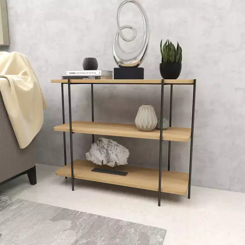 Consolle contemporanea a 3 ripiani – Ripiani in legno beige, struttura in metallo grigio, nessun assemblaggio