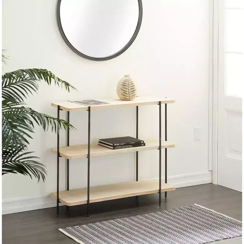 Consolle contemporanea a 3 ripiani – Ripiani in legno beige, struttura in metallo grigio, nessun assemblaggio