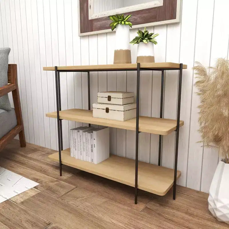 Consolle contemporanea a 3 ripiani – Ripiani in legno beige, struttura in metallo grigio, nessun assemblaggio