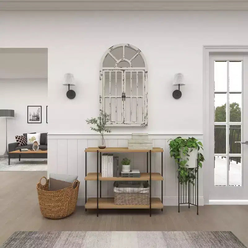 Consolle contemporanea a 3 ripiani – Ripiani in legno beige, struttura in metallo grigio, nessun assemblaggio