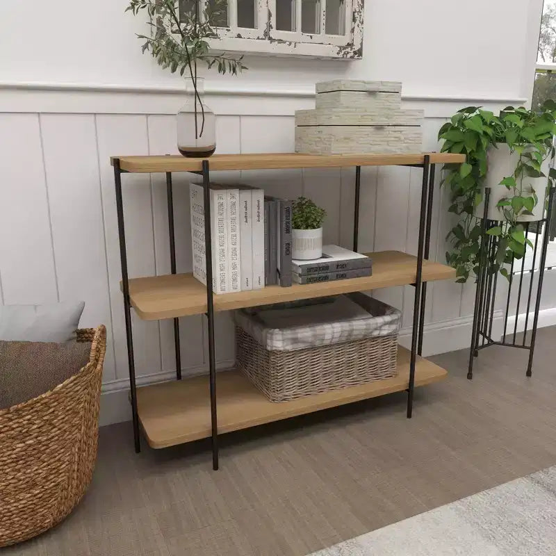 Consolle contemporanea a 3 ripiani – Ripiani in legno beige, struttura in metallo grigio, nessun assemblaggio