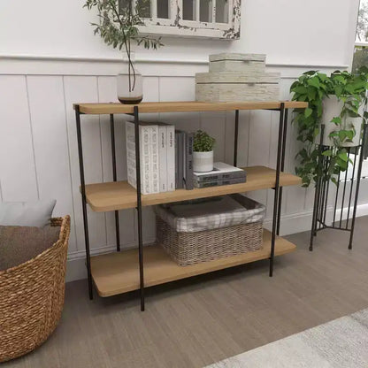 Consolle contemporanea a 3 ripiani – Ripiani in legno beige, struttura in metallo grigio, nessun assemblaggio