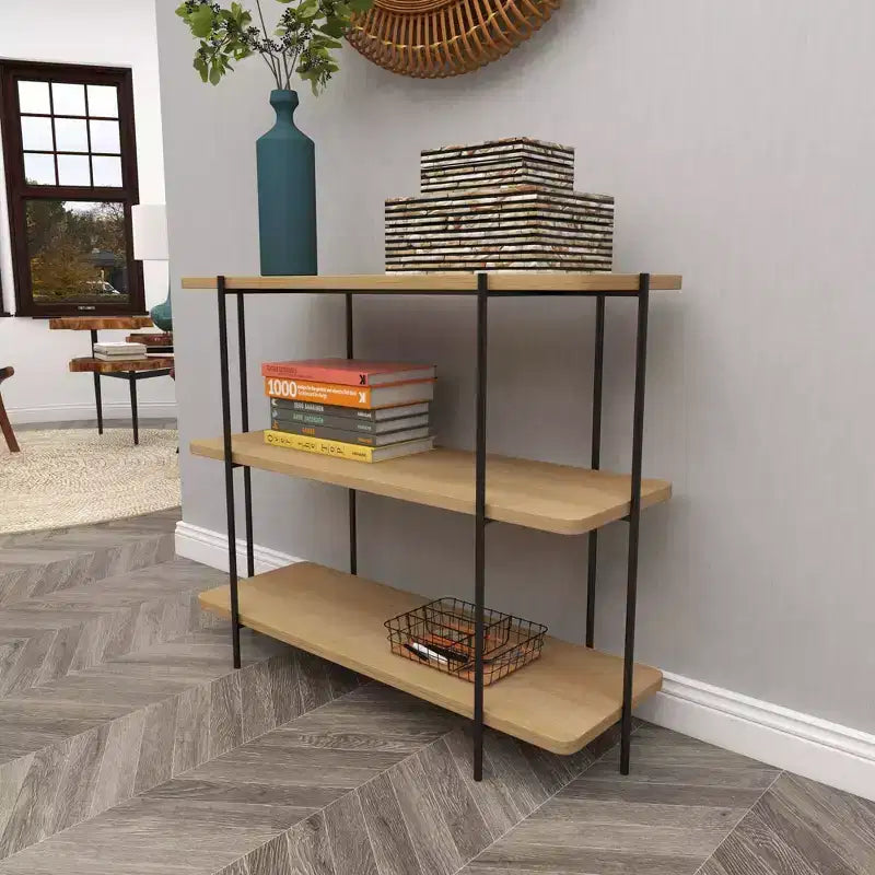 Consolle contemporanea a 3 ripiani – Ripiani in legno beige, struttura in metallo grigio, nessun assemblaggio
