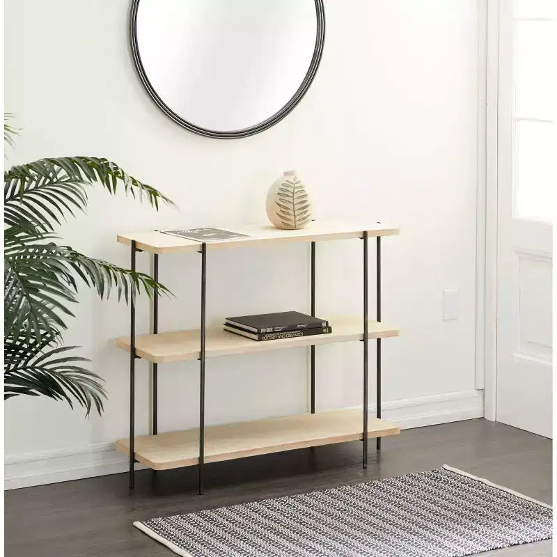 Consolle contemporanea a 3 ripiani – Ripiani in legno beige, struttura in metallo grigio, nessun assemblaggio
