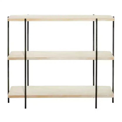 Consolle contemporanea a 3 ripiani – Ripiani in legno beige, struttura in metallo grigio, nessun assemblaggio