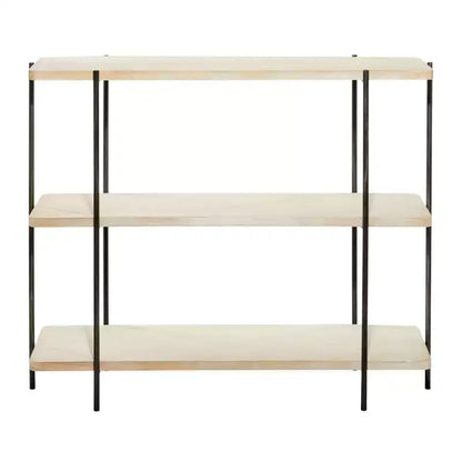 Consolle contemporanea a 3 ripiani – Ripiani in legno beige, struttura in metallo grigio, nessun assemblaggio