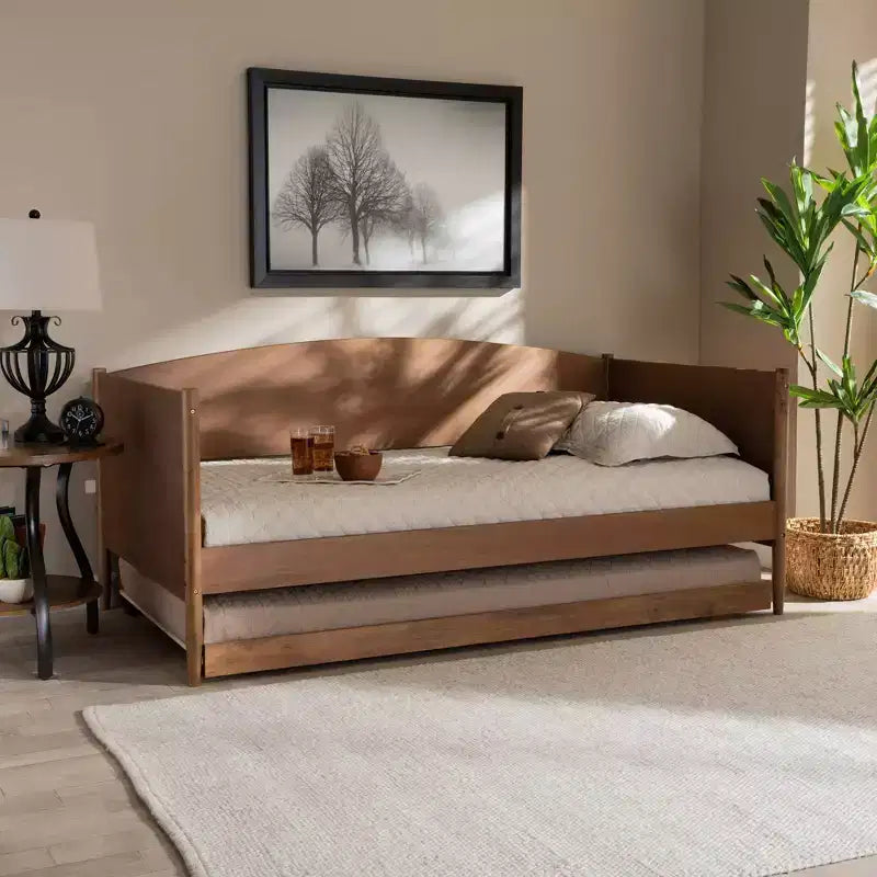 Lettino a due piazze in legno con letto estraibile – Noce Cenere, Stile Moderno di Metà Secolo