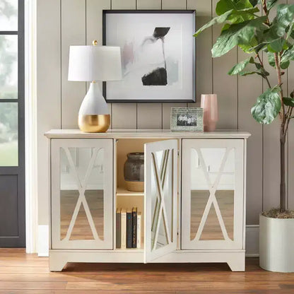 Credenza a buffet con specchio – Finitura nera e a specchio, 3 ante, ripiani regolabili