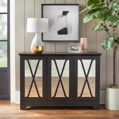 Credenza a buffet con specchio – Finitura nera e a specchio, 3 ante, ripiani regolabili