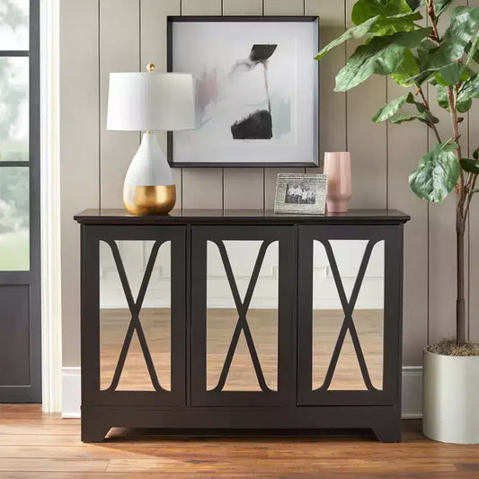 Credenza a buffet con specchio – Finitura nera e a specchio, 3 ante, ripiani regolabili