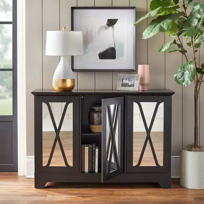 Credenza a buffet con specchio – Finitura nera e a specchio, 3 ante, ripiani regolabili