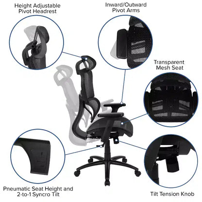 Sedia da ufficio ergonomica in rete con schienale alto – Meccanismo sincrono, poggiatesta, braccioli regolabili