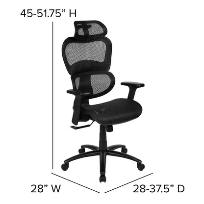 Sedia da ufficio ergonomica in rete con schienale alto – Meccanismo sincrono, poggiatesta, braccioli regolabili