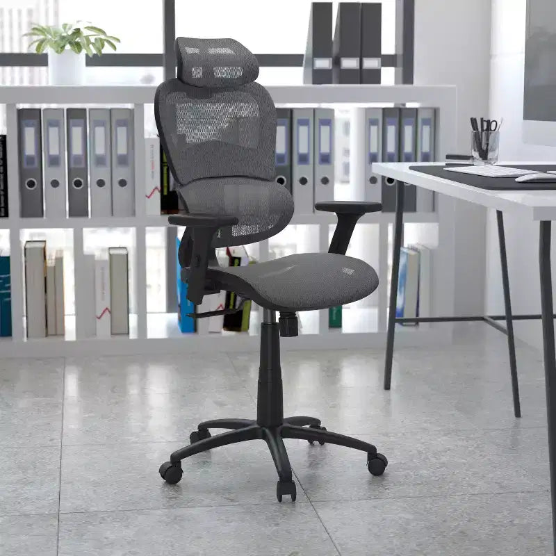Sedia da ufficio ergonomica in rete con schienale alto – Meccanismo sincrono, poggiatesta, braccioli regolabili