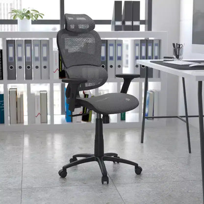 Sedia da ufficio ergonomica in rete con schienale alto – Meccanismo sincrono, poggiatesta, braccioli regolabili