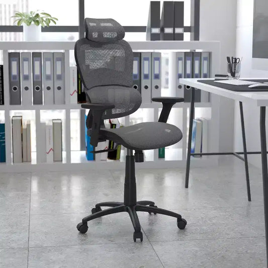 Sedia da ufficio ergonomica in rete con schienale alto – Meccanismo sincrono, poggiatesta, braccioli regolabili