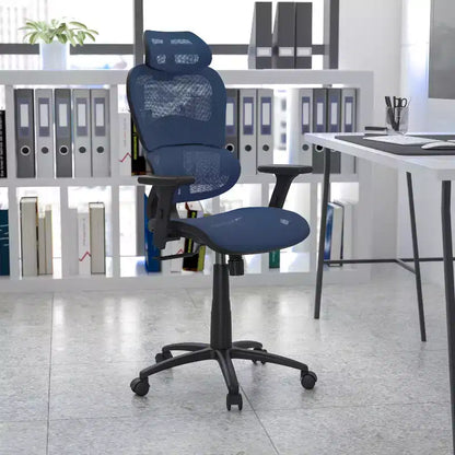 Sedia da ufficio ergonomica in rete con schienale alto – Meccanismo sincrono, poggiatesta, braccioli regolabili