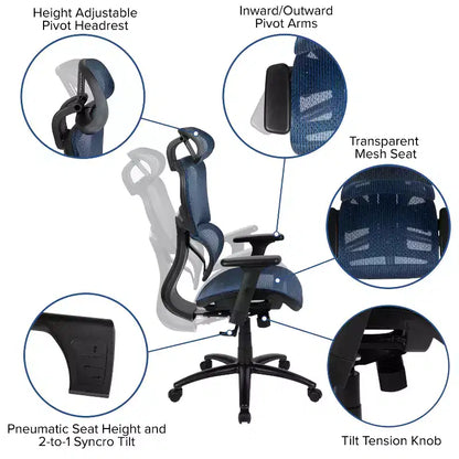 Sedia da ufficio ergonomica in rete con schienale alto – Meccanismo sincrono, poggiatesta, braccioli regolabili