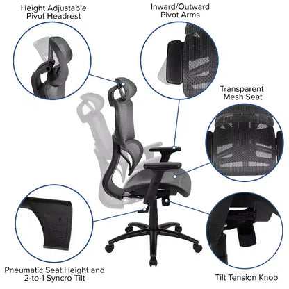 Sedia da ufficio ergonomica in rete con schienale alto – Meccanismo sincrono, poggiatesta, braccioli regolabili