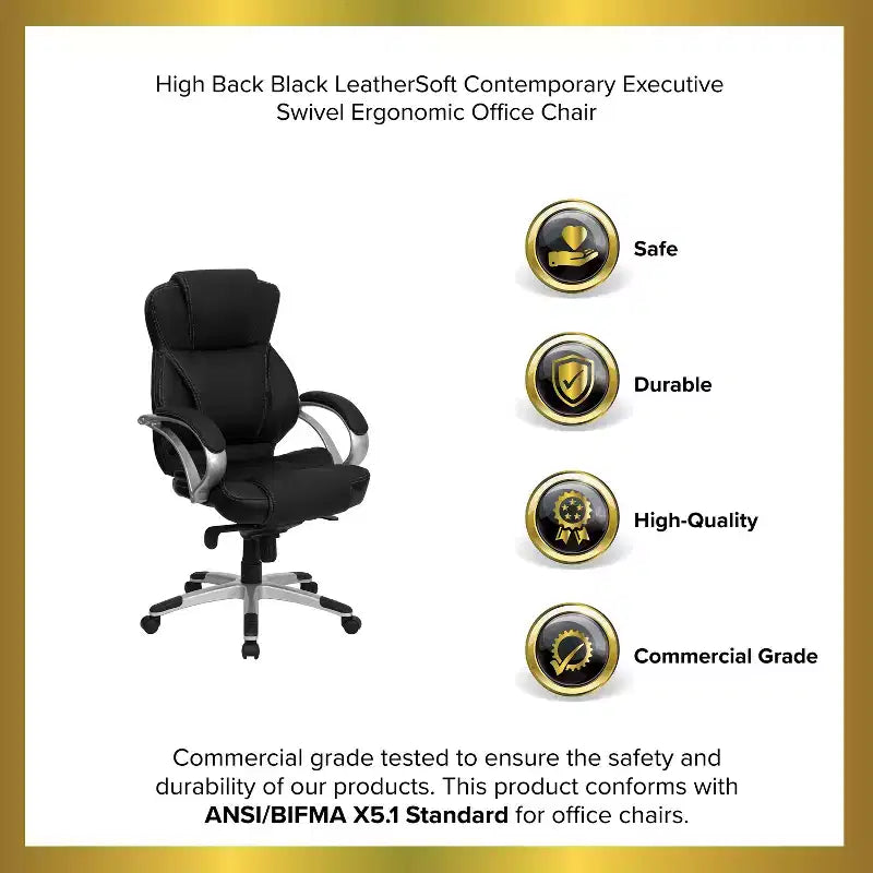 Sedia da Ufficio Girevole Direzionale con Schienale Alto – in LeatherSoft Nero, Supporto Lombare, Ergonomica