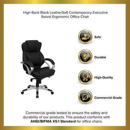 Sedia da Ufficio Girevole Direzionale con Schienale Alto – in LeatherSoft Nero, Supporto Lombare, Ergonomica