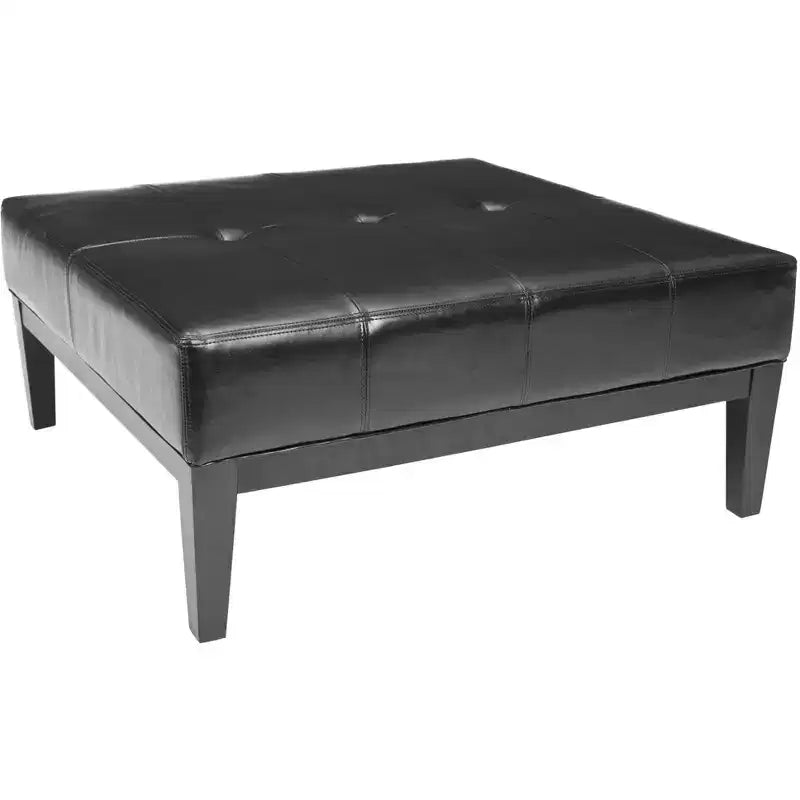 Pouf Contenitore Quadrato Trapuntato – Pelle Bicast Nera, Struttura in Betulla, Capacità 250 kg